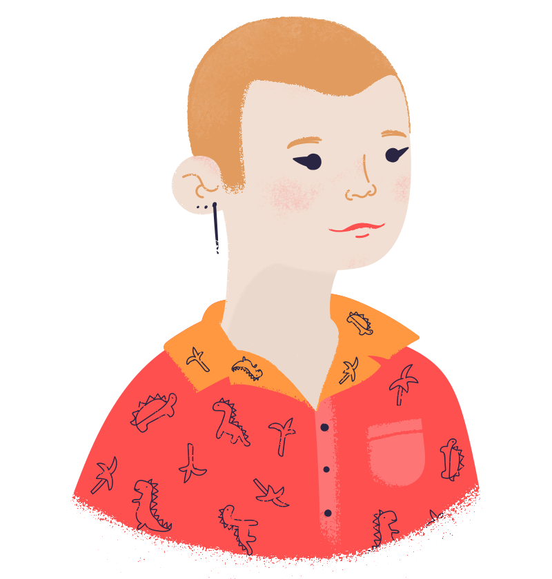 drawn image of me with shaved head, winged eyeline, and a dinosaur button up shirt